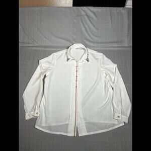 Vintage Koret Top Womens 14 Beaded Pleated Collared Ivory Button Up Blouse(A20)